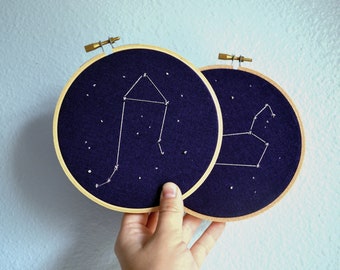 Set of Two - Zodiac Constellation Embroidery Hoop Art, Astrology Wall Hanging, Zodiac Gift, Custom Constellation Gifts