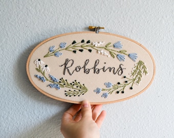 Custom Family Name Embroidery Hoop, Baby Name Embroidery Hoop Art, Last Name Sign, Needlepoint Wall Hanging, Gender Neutral, Botanical Art