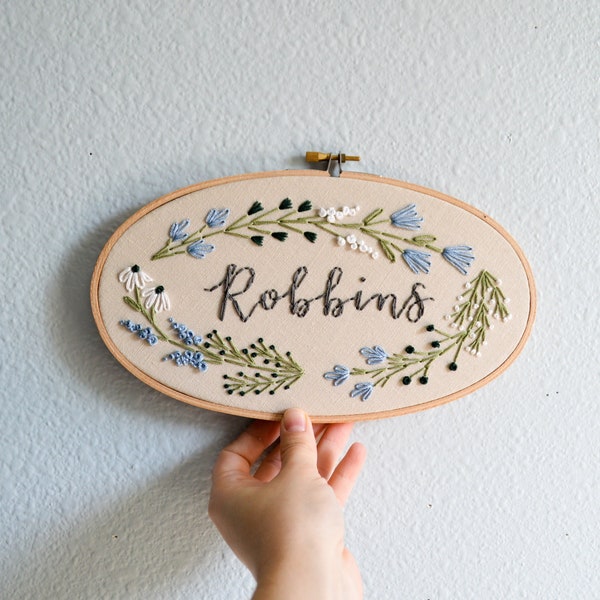 Custom Family Name Embroidery Hoop, Baby Name Embroidery Hoop Art, Last Name Sign, Needlepoint Wall Hanging, Gender Neutral, Botanical Art