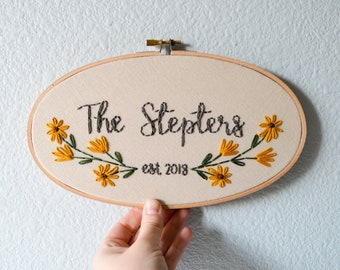 Custom Wedding Embroidery Hoop, Anniversary Gift, Oval Embroidery Hoop, Stitched Art, Family Name Sign, Housewarming Gift, Mustard Wall Art