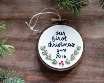 Our First Christmas Ornament, Finished embroidery hoop ornament, Newlyweds, Couple's First Christmas Ornament, 2022 year ornament