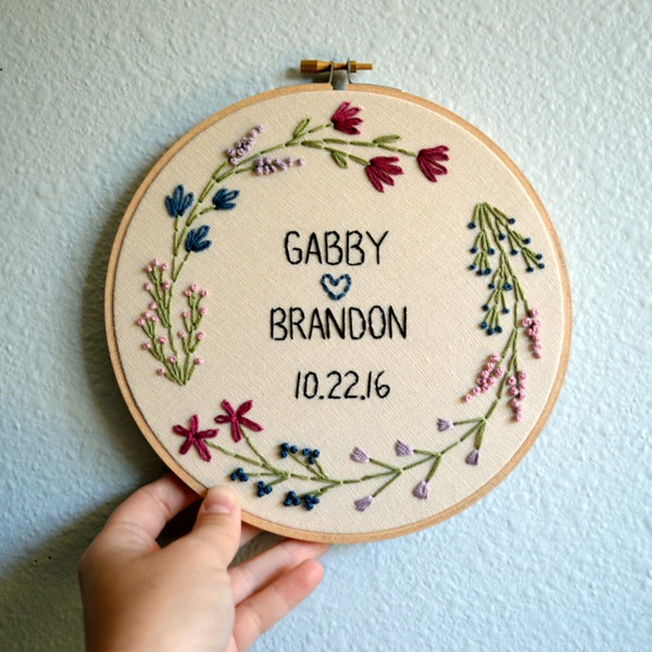Wedding Embroidery Hoop - Custom - Marriage, Anniversary, Personalized - Bride and Groom - Floral Wreath
