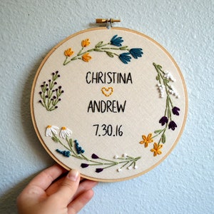 Wedding Embroidery Hoop Custom with Couple's Names, Newlywed Gift, Wedding Anniversary Gift, Custom Names Sign, Floral Wreath Embroidery image 1