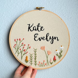 Custom Name Embroidery Hoop, Baby Name Embroidery, Nursery Wall Art, Embroidery Hoop Art, Baby Shower Gift, Wildflower Name Sign image 1