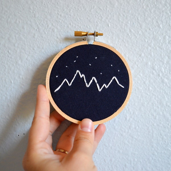 Mountains and Stars Embroidery Hoop Art, Mini Wall Hanging, Handmade Mountain Range, Navy Nursery Decor, Modern Housewarming Gift