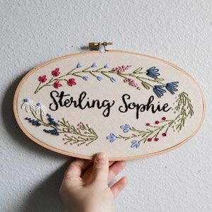 Custom Name Embroidery Hoop, Baby Name Embroidery, Floral Wreath Nursery Wall Art, Embroidery Hoop Art, Baby Shower Gift, Birth Announcement image 3