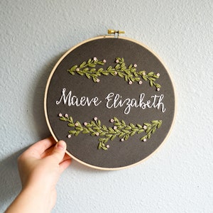 Custom Name Embroidery Hoop, Botanical Art, Baby Name Wall Hanging, Leaves & Vines Plant Art, Nature Inspired, Modern Home Decor image 2