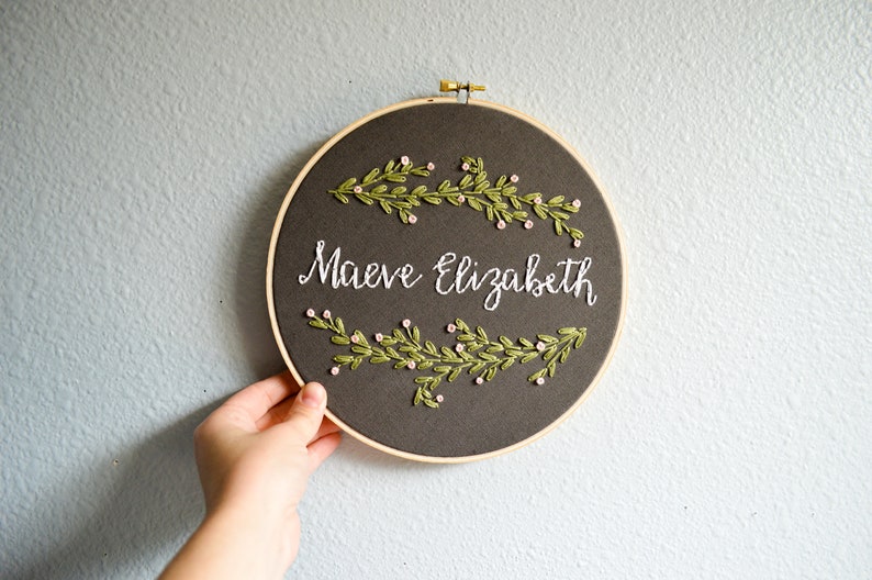 Custom Name Embroidery Hoop, Botanical Art, Baby Name Wall Hanging, Leaves & Vines Plant Art, Nature Inspired, Modern Home Decor image 2