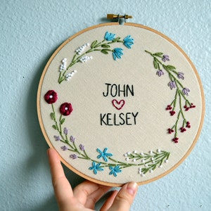 Wedding Embroidery Hoop Custom with Couple's Names, Newlywed Gift, Wedding Anniversary Gift, Custom Names Sign, Floral Wreath Embroidery image 2
