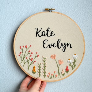 Baby Name Embroidery Hoop Art, Custom name embroidery, new baby gift, Nursery Wall Art, Baby Shower Gift, wildflower circle, needlepoint image 3