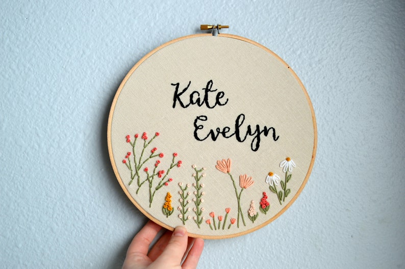 Baby Name Embroidery Hoop Art, Custom name embroidery, new baby gift, Nursery Wall Art, Baby Shower Gift, wildflower circle, needlepoint image 3