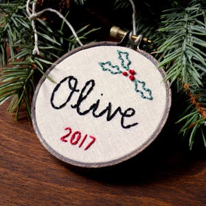 Custom Name Embroidery Hoop Ornament, First Christmas Ornament, Year Ornament, Baby's First Christmas, Simple Holiday Decor, Holly Branch