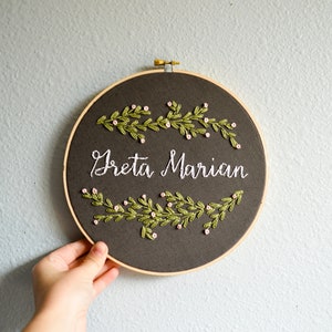 Custom Name Embroidery Hoop, Botanical Art, Baby Name Wall Hanging, Leaves & Vines Plant Art, Nature Inspired, Modern Home Decor image 3