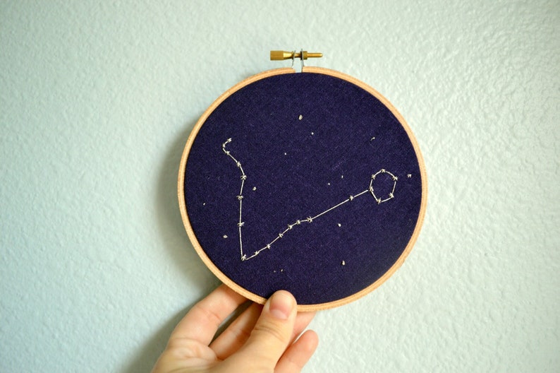 Pisces Constellation Embroidery Hoop Art Zodiac Star Sign, Astrology Wall Hanging, Hand Embroidered Leo Gift, Starry Sky image 1