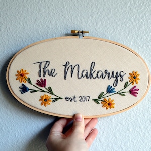 Custom Wedding Embroidery Hoop, Anniversary Gift, Oval Embroidery Hoop, Stitched Art, Family Name Sign, Housewarming Gift, Mustard Wall Art image 4