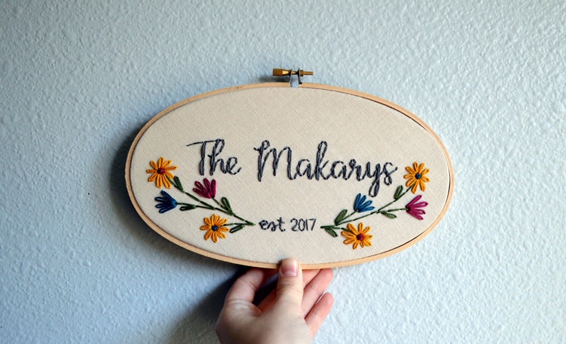 Custom Wedding Embroidery Hoop, Anniversary Gift, Oval Embroidery Hoop, Stitched Art, Family Name Sign, Housewarming Gift, Mustard Wall Art image 4