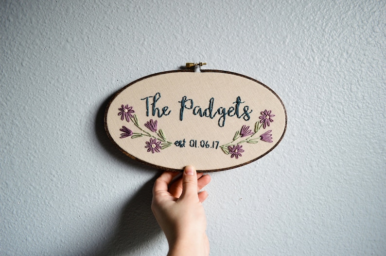 Family Name Embroidery Hoop, Custom Sign, Flowers Anniversary, Linen Anniversary by BreezebotPunch, Gallery Wall, Wedding Gift, Home Decor image 3