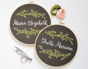 Custom Name Embroidery Hoop, Botanical Art, Baby Name Wall Hanging, Leaves & Vines Plant Art, Nature Inspired, Modern Home Decor