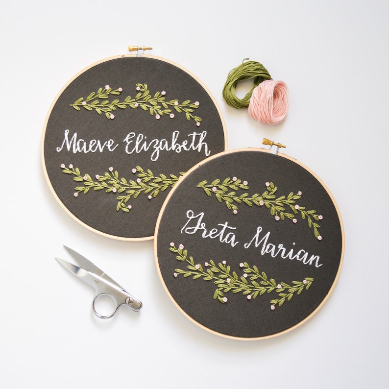 Custom Name Embroidery Hoop, Botanical Art, Baby Name Wall Hanging, Leaves & Vines Plant Art, Nature Inspired, Modern Home Decor image 1
