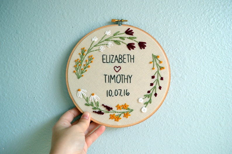 Wedding Embroidery Hoop Custom with Couple's Names, Newlywed Gift, Wedding Anniversary Gift, Custom Names Sign, Floral Wreath Embroidery image 3