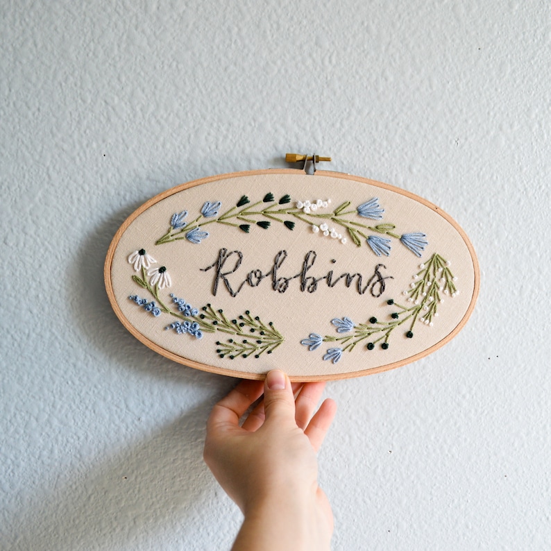 Custom Name Embroidery Hoop, Baby Name Embroidery, Floral Wreath Nursery Wall Art, Embroidery Hoop Art, Baby Shower Gift, Birth Announcement image 4