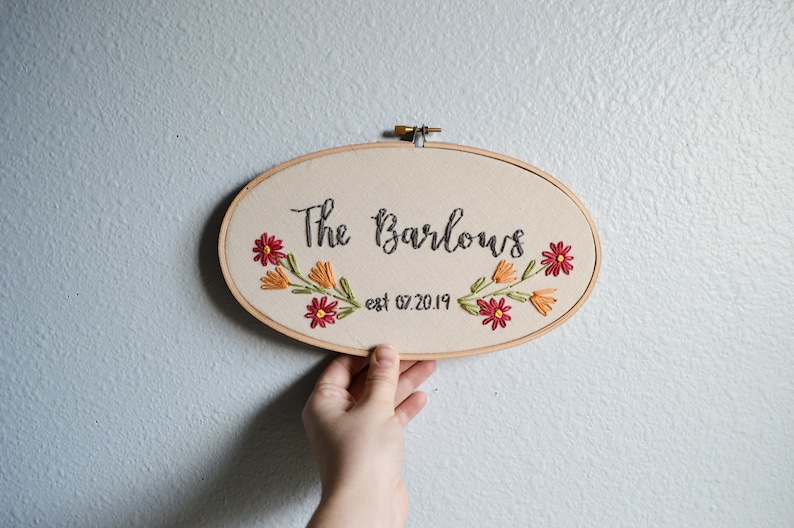 Custom Wedding Embroidery Hoop, Anniversary Gift, Oval Embroidery Hoop, Stitched Art, Family Name Sign, Housewarming Gift, Mustard Wall Art image 2