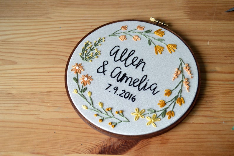 Wedding Embroidery Hoop Custom with Couple's Names, Newlywed Gift, Wedding Anniversary Gift, Custom Names Sign, Floral Wreath Embroidery image 5