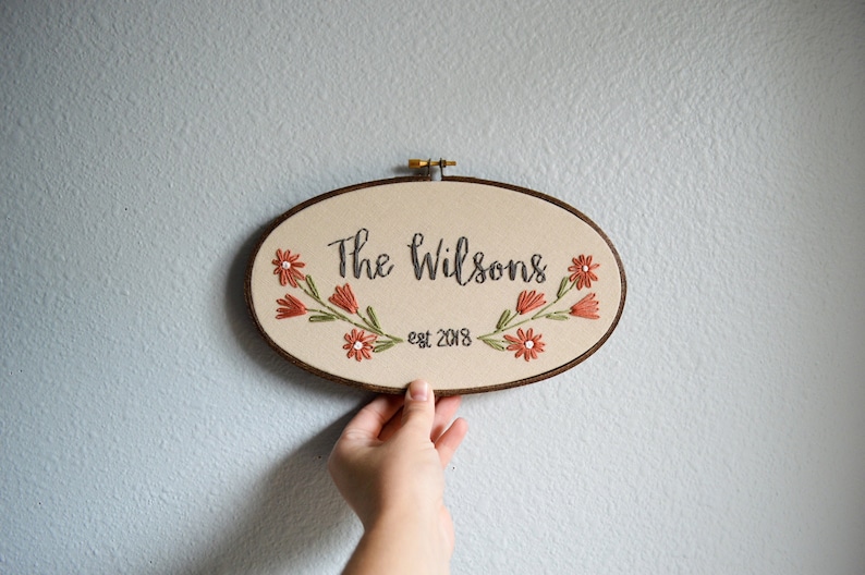 Family Name Embroidery Hoop, Custom Sign, Flowers Anniversary, Linen Anniversary by BreezebotPunch, Gallery Wall, Wedding Gift, Home Decor image 1