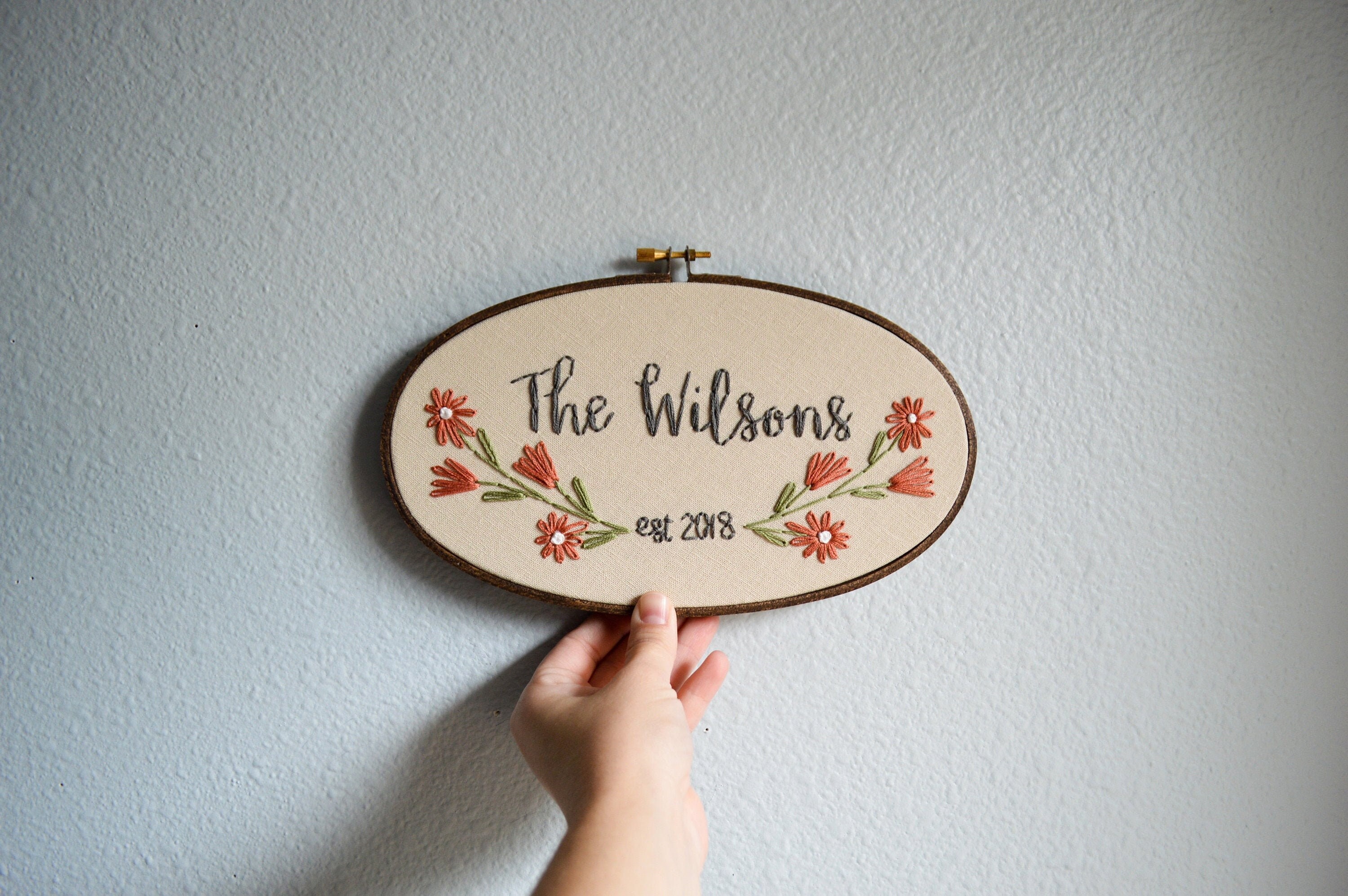 Custom Family Name Embroidery Hoop, Floral Anniversary Gift, Linen