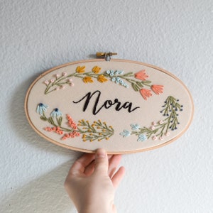 Custom Name Embroidery Hoop, Baby Name Embroidery, Floral Wreath Nursery Wall Art, Embroidery Hoop Art, Baby Shower Gift, Birth Announcement image 2