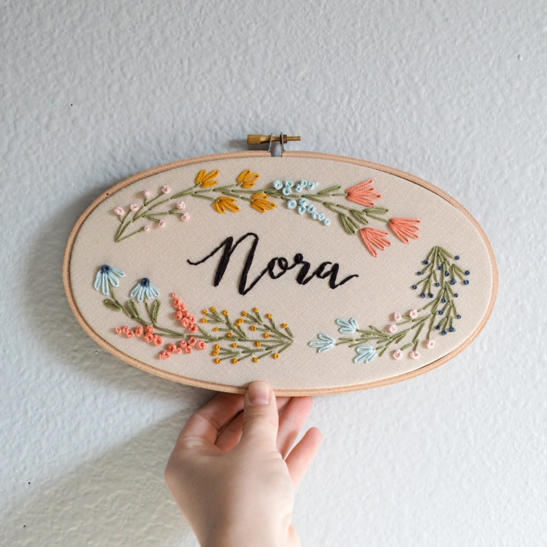 Custom Name Embroidery Hoop, Baby Name Embroidery, Floral Wreath Nursery Wall Art, Embroidery Hoop Art, Baby Shower Gift, Birth Announcement image 2