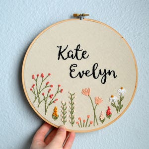 Custom Name Embroidery Hoop, Baby Name Embroidery, Nursery Wall Art, Embroidery Hoop Art, Baby Shower Gift, Wildflower Name Sign image 2