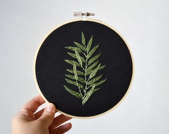 Leafy branch #1 - 6 inch embroidery hoop, nature inspired hoop art, ooak, greenery foliage artwork, fern wall art, minimal artwork