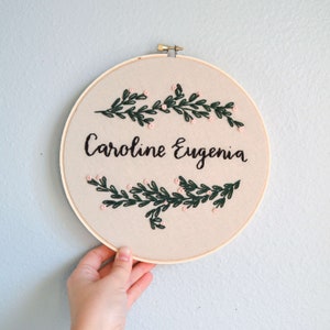 Custom Name Embroidery Hoop, Botanical Art, Baby Name Wall Hanging, Leaves & Vines Plant Art, Nature Inspired, Modern Home Decor image 5