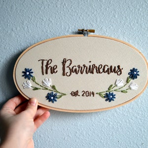 Custom Wedding Embroidery Hoop, Anniversary Gift, Oval Embroidery Hoop, Stitched Art, Family Name Sign, Housewarming Gift, Mustard Wall Art image 3