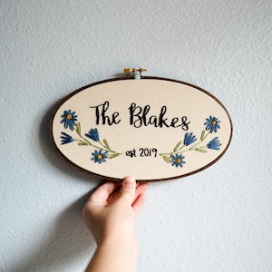 Family Name Embroidery Hoop, Custom Sign, Flowers Anniversary, Linen Anniversary by BreezebotPunch, Gallery Wall, Wedding Gift, Home Decor image 2