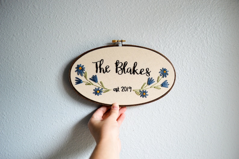 Family Name Embroidery Hoop, Custom Sign, Flowers Anniversary, Linen Anniversary by BreezebotPunch, Gallery Wall, Wedding Gift, Home Decor image 2