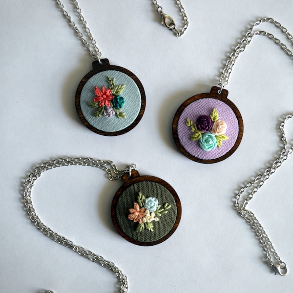 Wildflower Embroidery Necklace - Hoop Art Jewelry - Custom Hand Stitched Art - Sterling Silver & Floral Pendant - Gift for Her - Bridesmaid