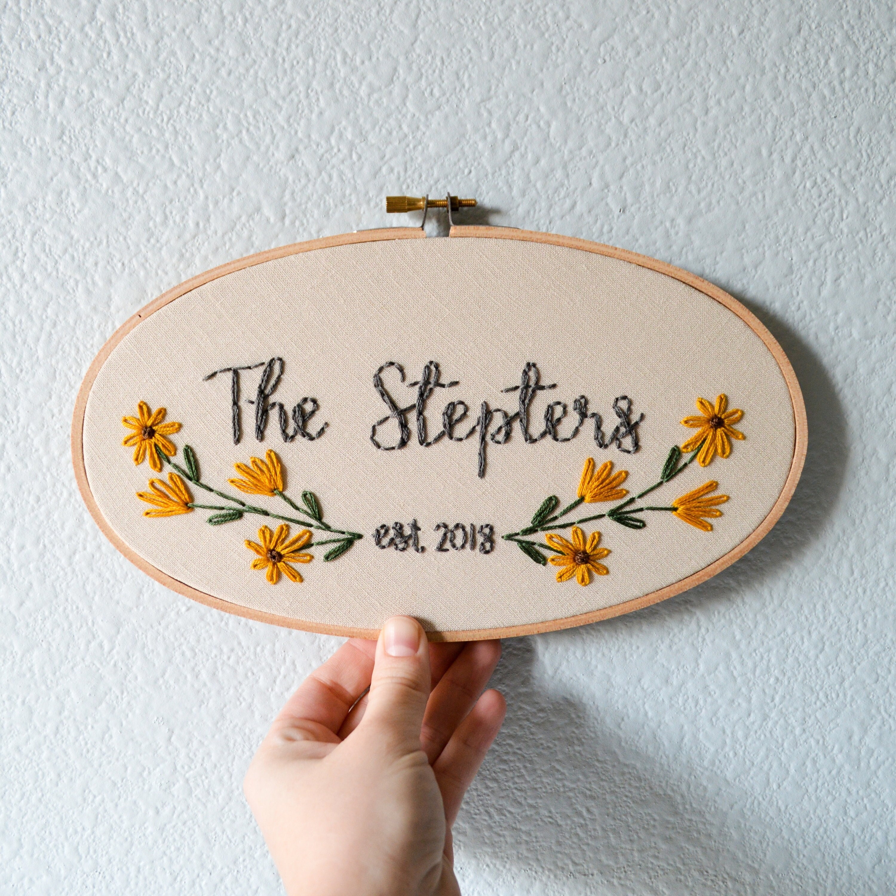 Custom Wedding Embroidery Hoop, Family Name Sign, Stitched Floral