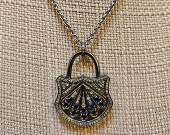 Blue Sapphire Diamond Padlock Pendant: Oxidized Sterling Silver Necklace