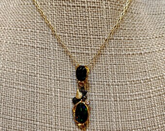 Black Opal, Pink Tourmaline & Sapphire Necklace: 14k Gold Vermeil, Oxidized Silver