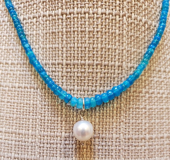 Blue Fire Opal Strand with White South Sea Pearl … - image 1