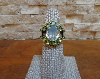 Green Amethyst and Peridot Ring in Oxidized Sterling Silver and 18k yellow Gold Vermeil, Size 7