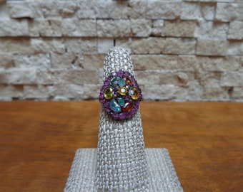 Ruby, Emerald, Sapphire Ring in Oxidized Sterling Silver, Size 6 1/2