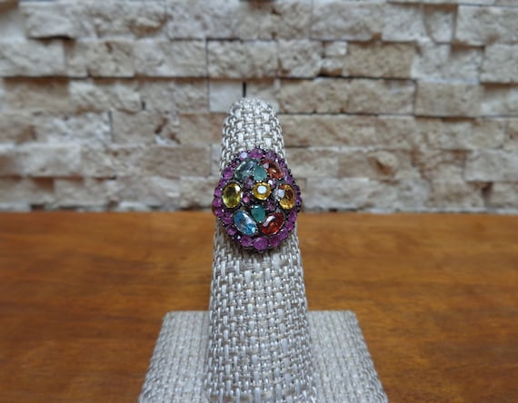 Ruby, Emerald, Sapphire Ring in Oxidized Sterling… - image 1