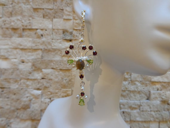 Black Opal, Garnet, Peridot and Pearl Earrings in… - image 1