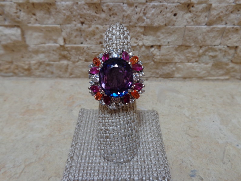 12 Carat Amethyst Ring in 14K White Gold plated Sterling Silver with Pink White and Orange Sapphires Size 7
