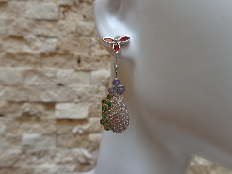 Yellow and Red Sapphire Chroome Diopside and Tanzanite Earrings in 14K White Gold Vermeil