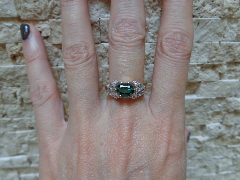 Size 7 Green Topaz ring in 14K White Gold over Sterling Silver