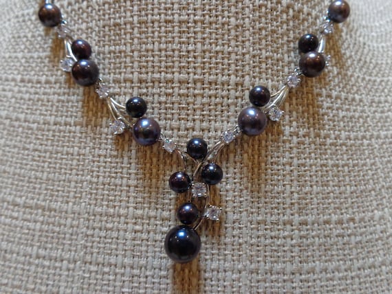 Black Freshwater Pearl and CZ Y Necklace in 14K W… - image 1